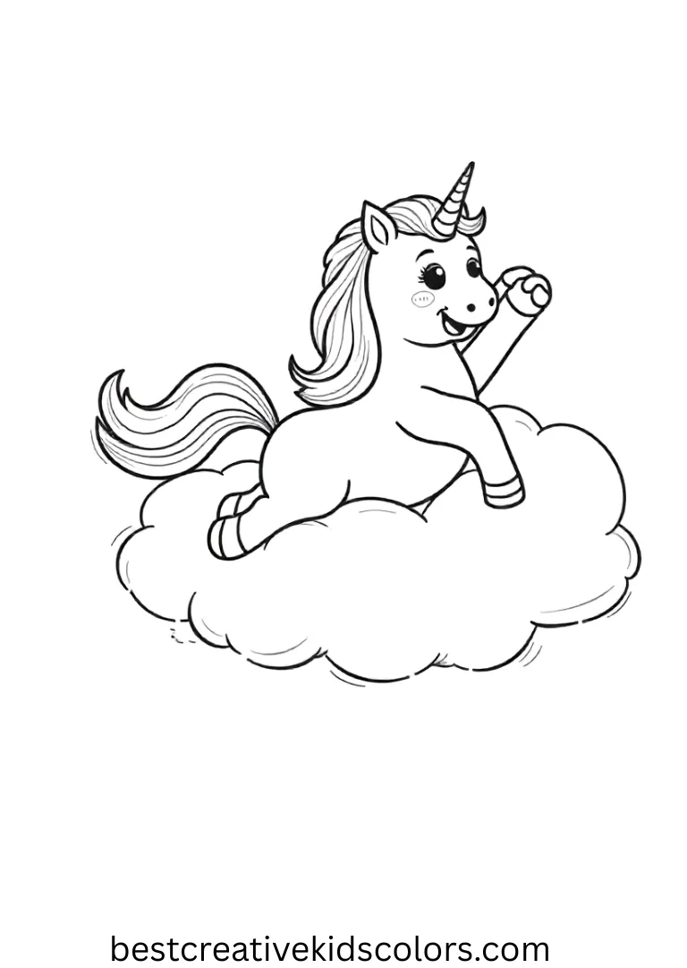 A caticorn stretches happily in a blank cloud for Caticorn coloring pages fun.