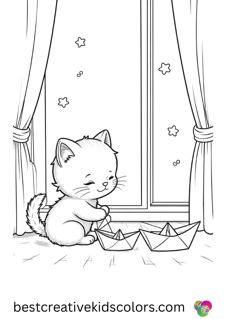 A sleepy plush kitten folds paper boats in Catnap coloring page PDF next to a cozy window.