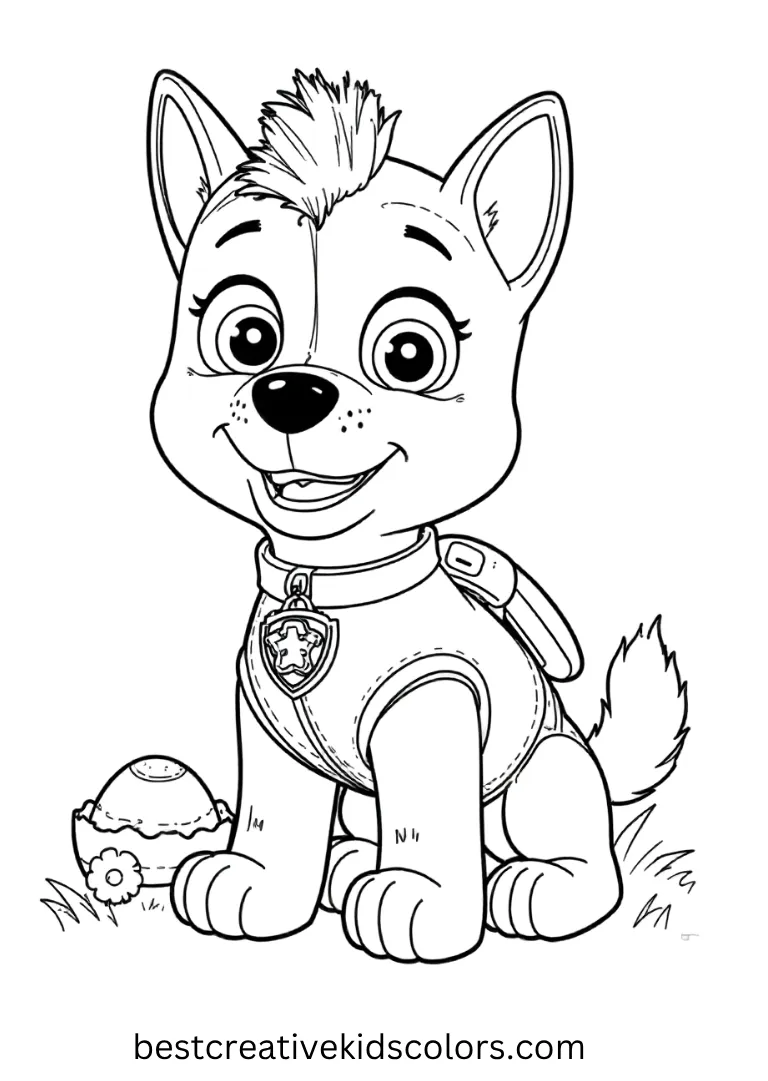 Free Paw Patrol Coloring Sheet shows painting Easter eggs in bright colors. This free paw patrol coloring sheet is fun to color and enjoy as a free paw patrol coloring sheet!
