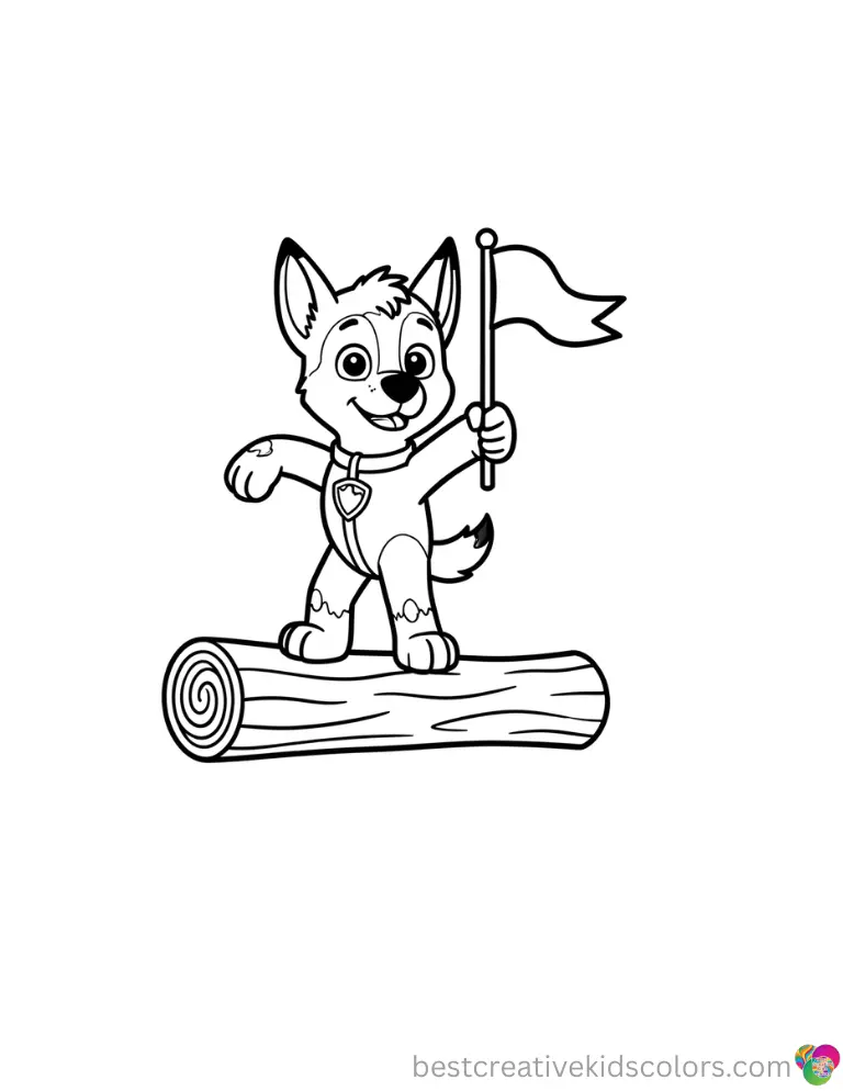 Chase paw patrol coloring page disney shows him balancing on a low log while holding a toy flag.
