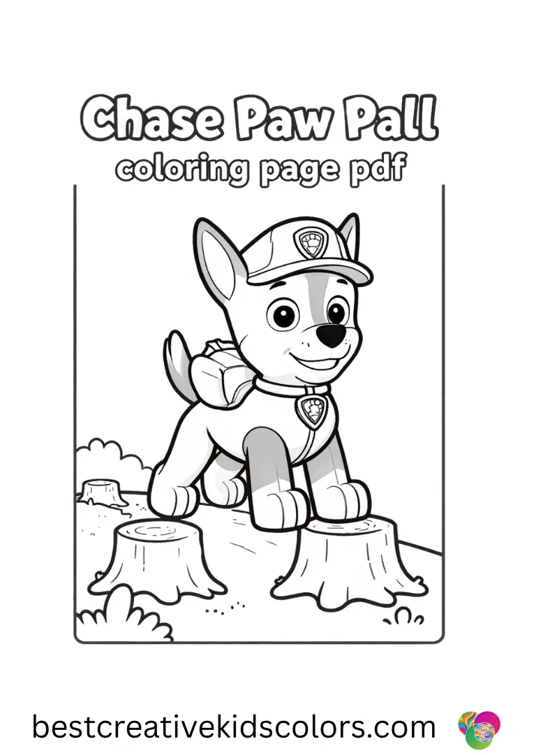 Chase paw patrol coloring page pdf shows him hopping over soft tree stumps along a trail.