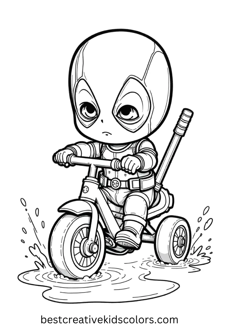 Adorably chibi Deadpool rides a toy tricycle through puddles, splashing in superhero style.