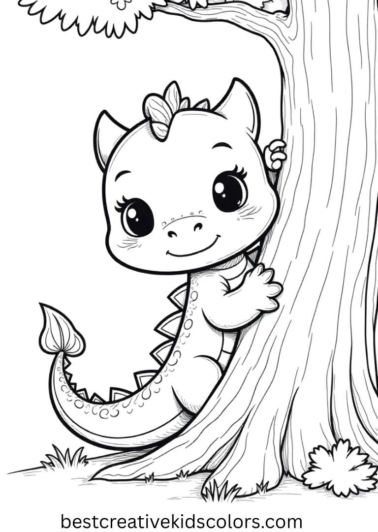 A tiny dragon curiously peeks from behind a tree trunk in a sunny forest.