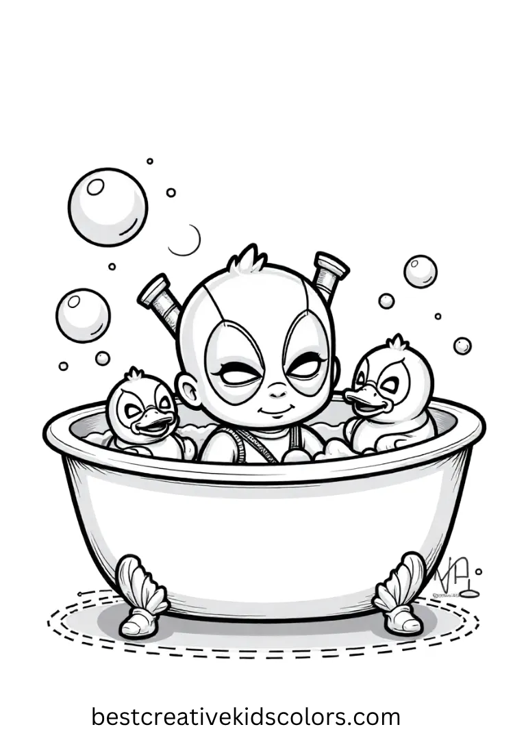Baby Deadpool plays in a bubble bath with rubber duckies wearing mini hero masks.