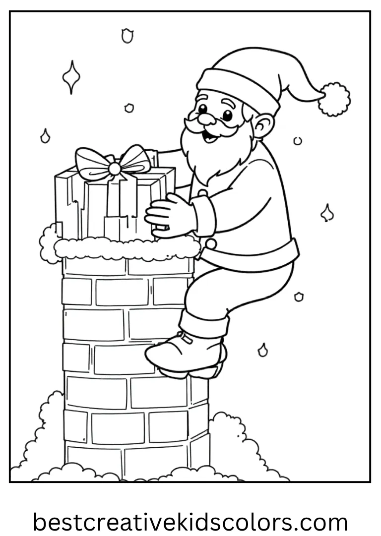 Chimney with Santa Coloring Page Santa climbing down a brick chimney with gifts.
