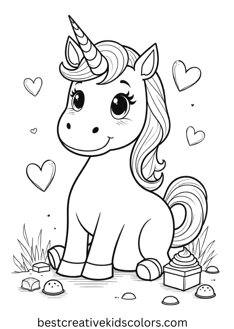 A happy unicorn surrounded by chocolate treats and hearts — easy-to-color and delightful for kids.