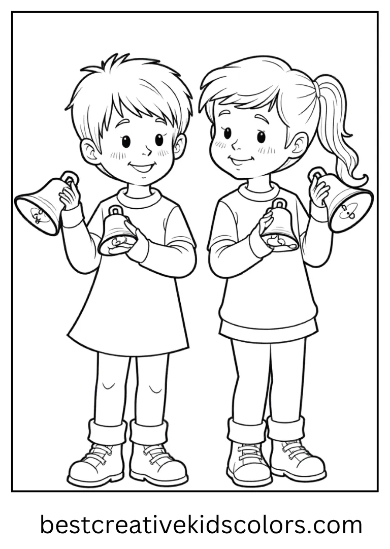 Christmas Bell Ringers Coloring Sheet Two children ring handheld Christmas bells.