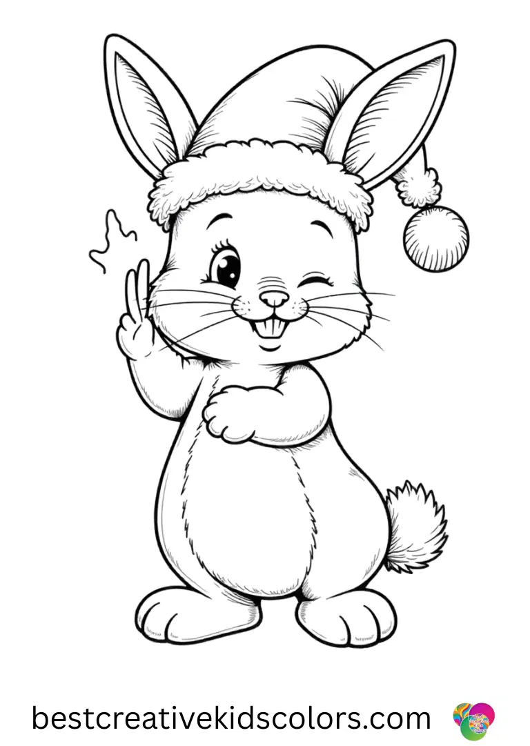 Christmas Bunny with a Festive Hat shows a bunny placing a small bell on top of its hat carefully.