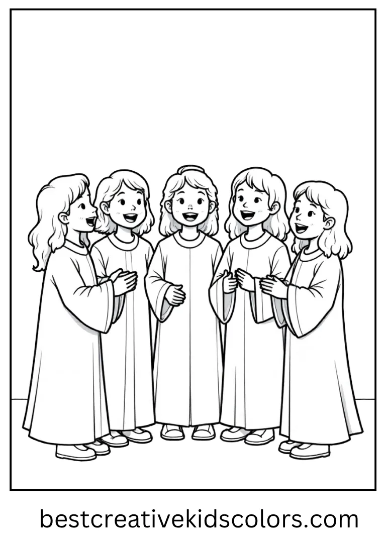 Christmas Choir Coloring Page A choir stands in robes, singing joyfully.