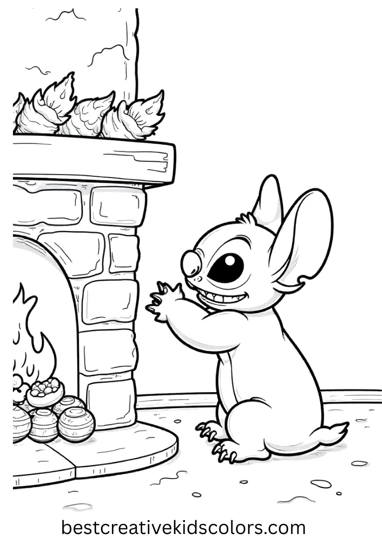 Christmas Coloring Pages printable shows Stitch decorating a cozy fireplace mantel.