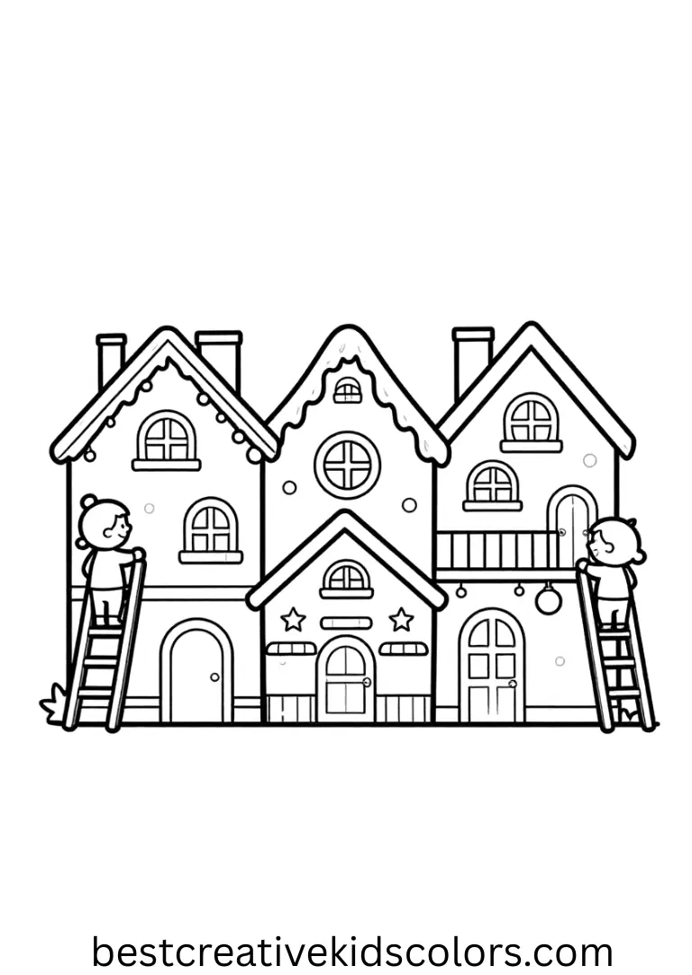 Christmas Coloring pages printable PDF Christmas Coloring pages printable PDF depicts cozy cottages with children hanging ornaments.