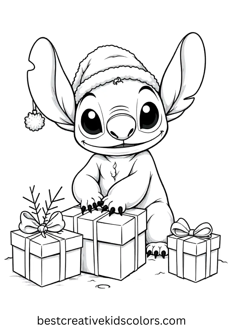 Christmas Coloring pages shows Stitch wrapping gifts in bright holiday paper.
