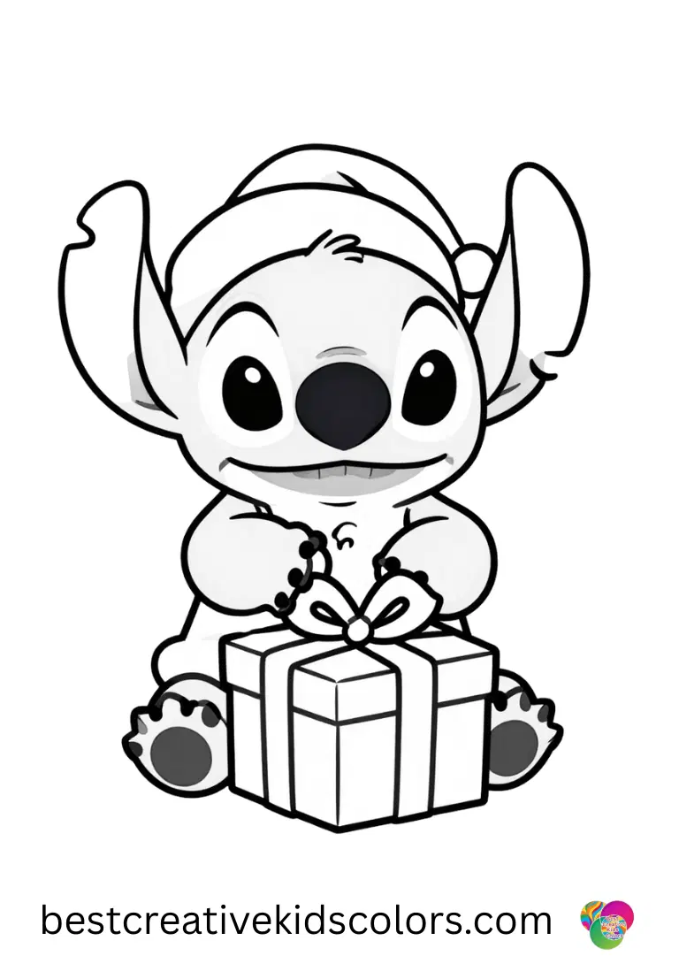 Stitch wraps a tiny present in bright paper in Christmas Colouring Pages.
