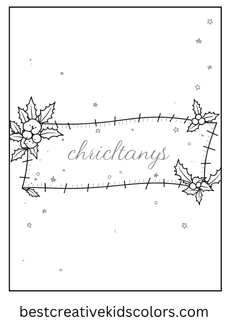 Christmas Greeting Banner Coloring Page A cheerful holiday banner decorated with stars and holly.