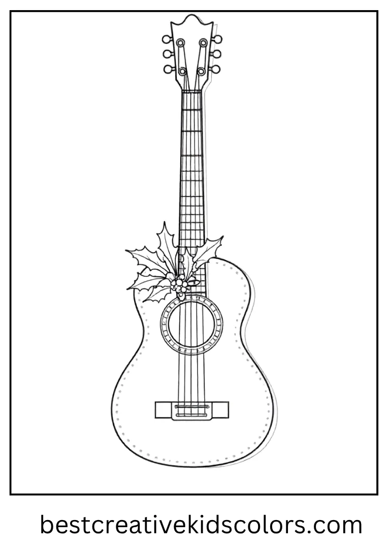 Christmas Guitar Coloring Outline A guitar decorated with a bow and holly leaves.