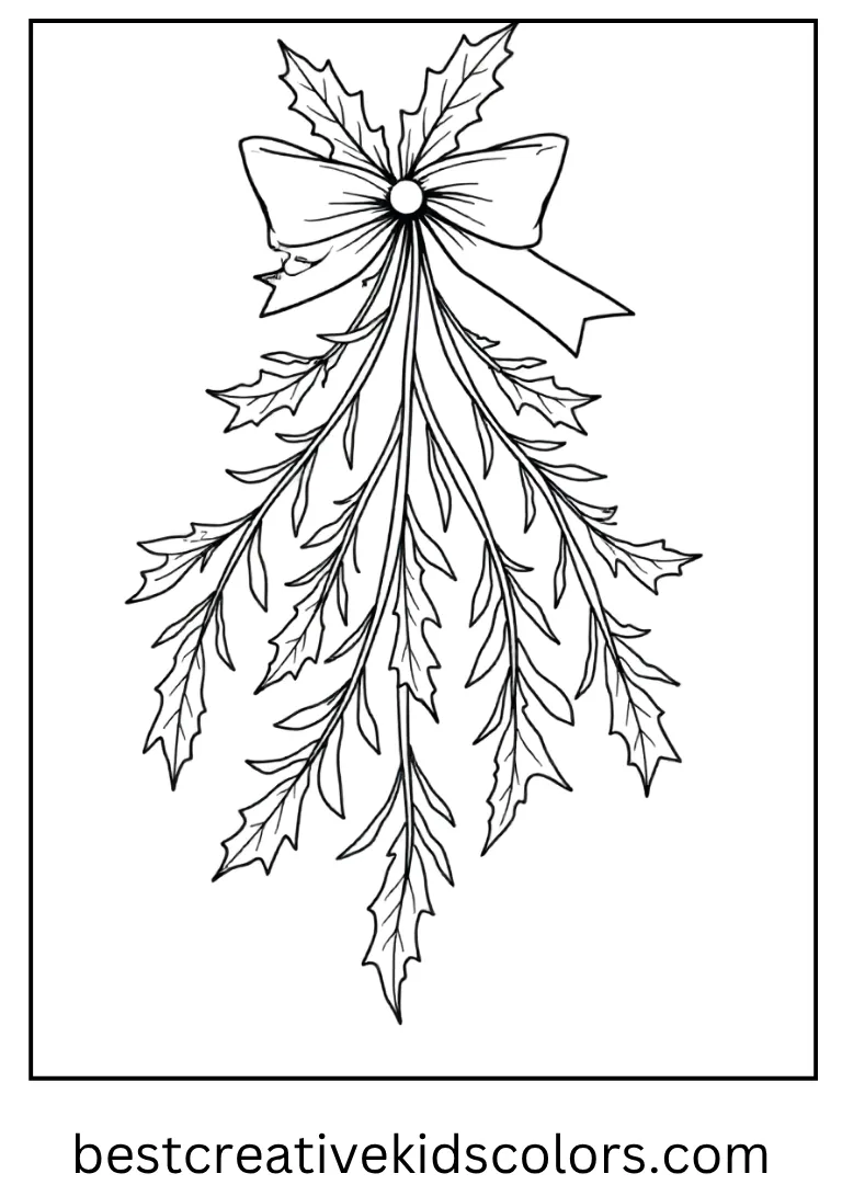 Christmas Mistletoe Coloring Sheet A festive mistletoe hanging with ribbon and berries.
