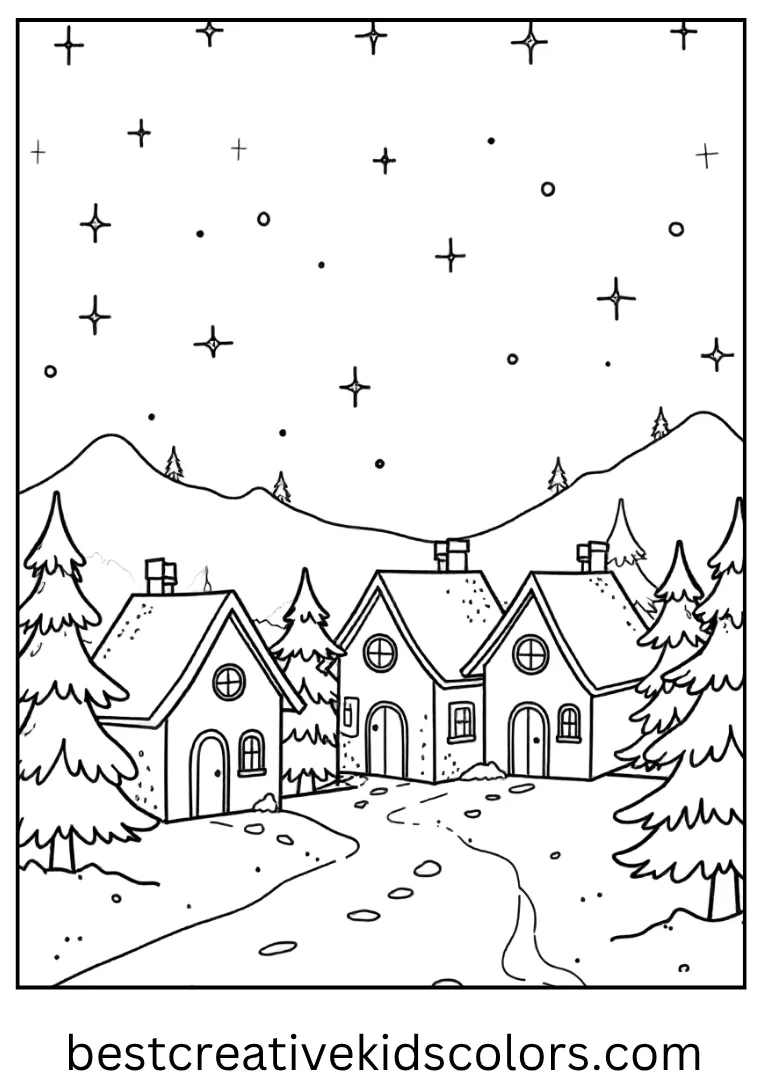 Christmas Night Village Coloring Outline Small houses and trees under a starry holiday sky.