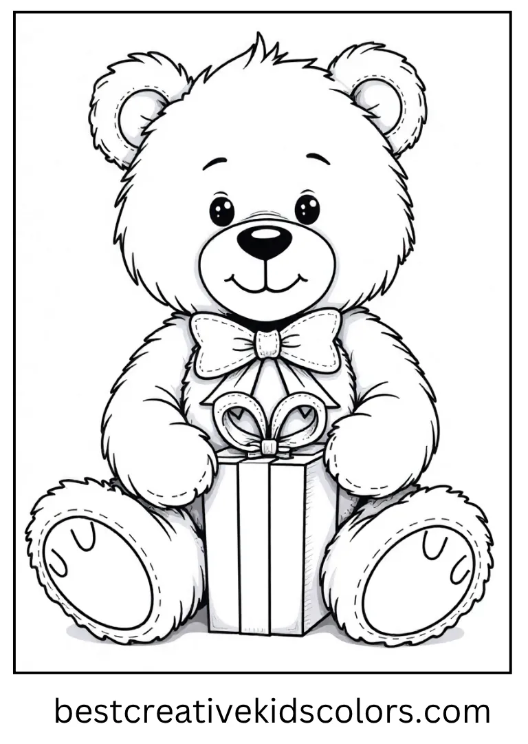 Christmas Teddy Bear Coloring Sheet A cuddly teddy bear sits with a ribbon bow and gift box.
