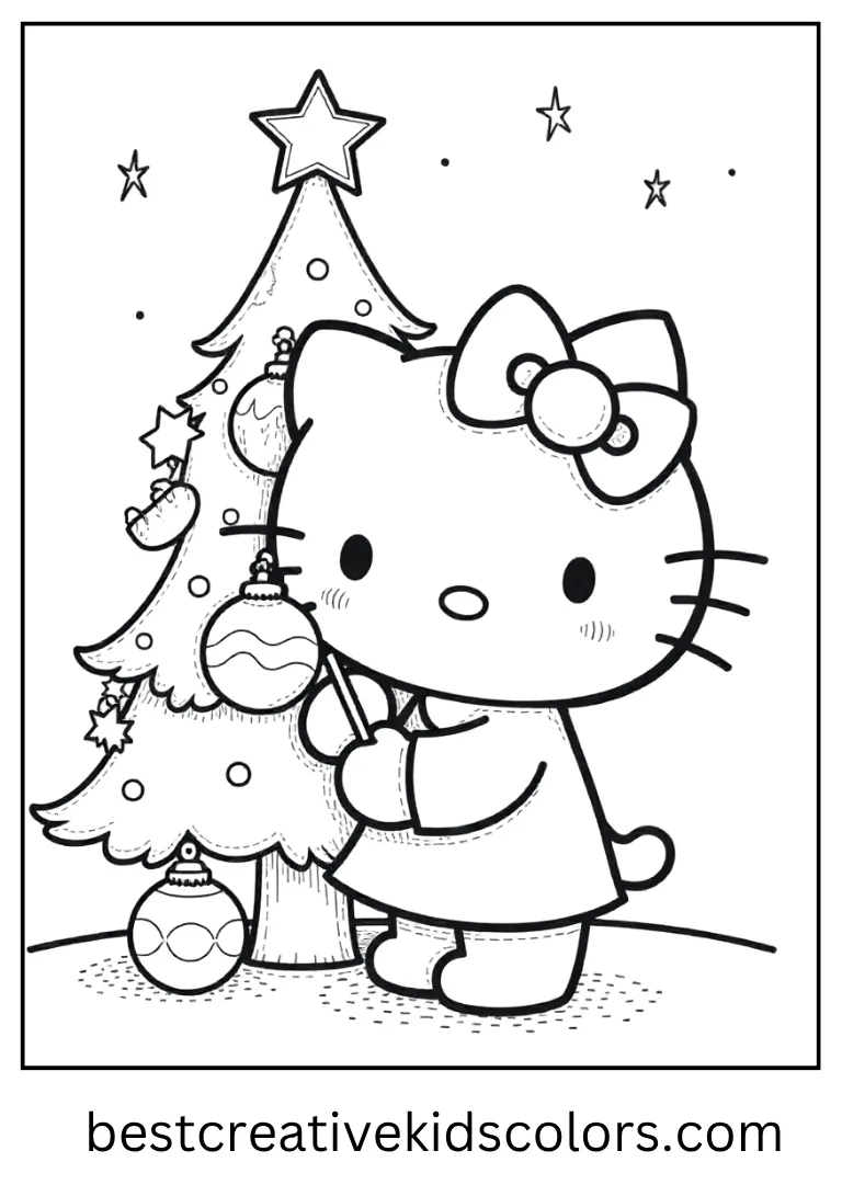 Hello Kitty adds a star to the Christmas tree, standing happily with ornaments ready to color.