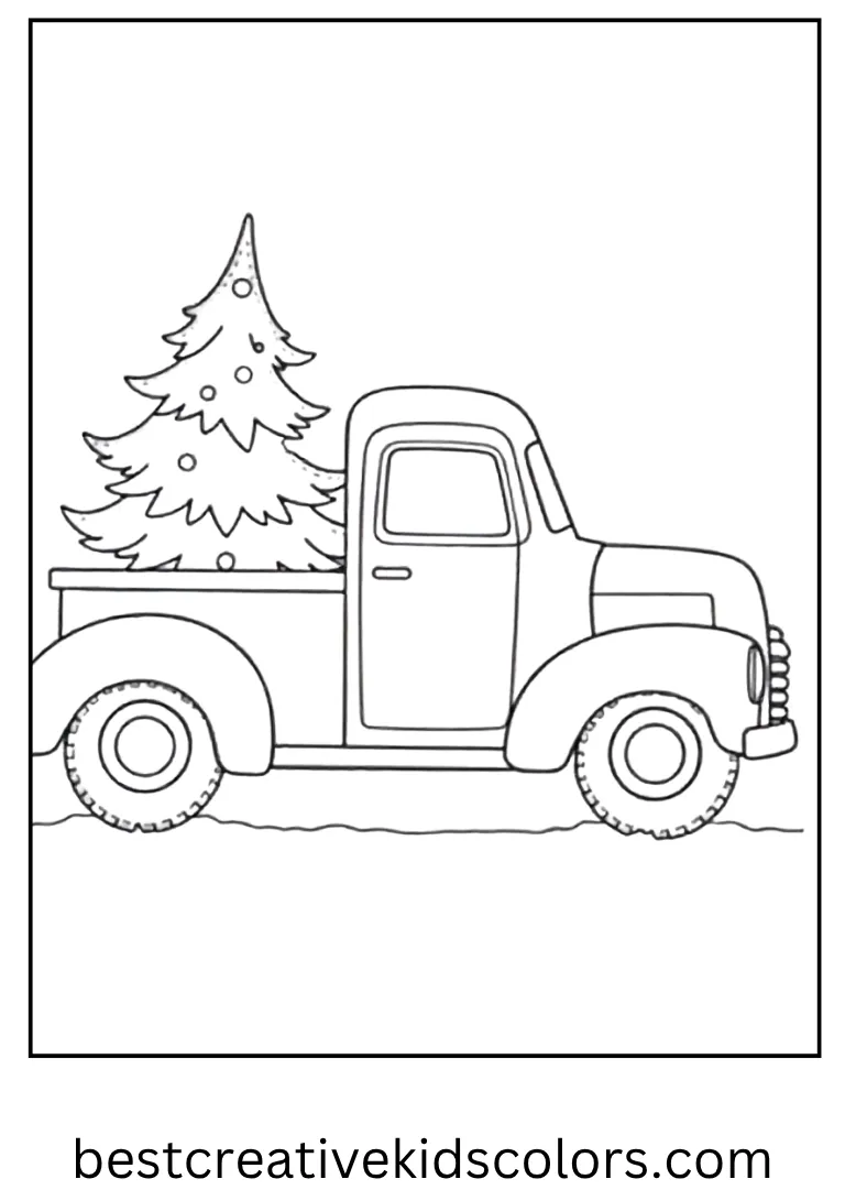 Christmas Truck with Tree Coloring Page A vintage truck carrying a decorated Christmas tree.