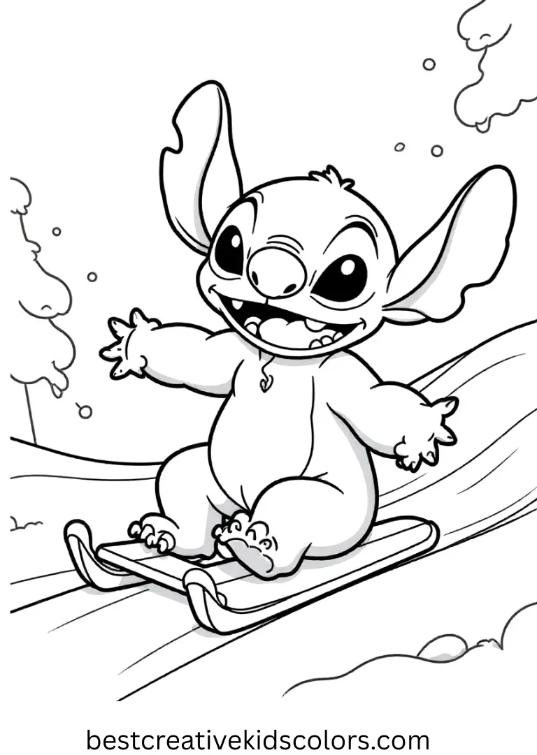 Christmas coloring page captures Stitch sliding down a snowy hill with joy.