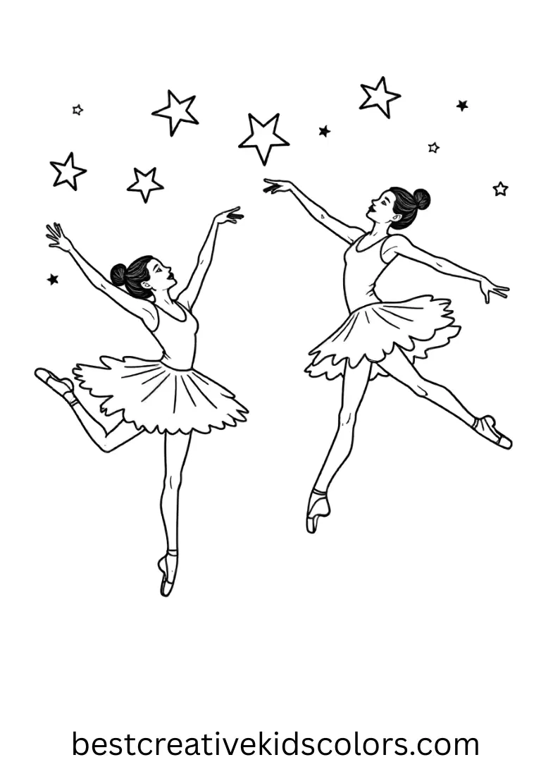 Christmas dance coloring pages for adults Adults enjoy Christmas dance coloring pages depicting elegant ballerinas leaping under stars.