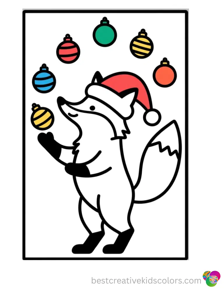A fox wearing a Santa hat juggles colorful ornaments in Christmas fox with a santa hat coloring page easy.