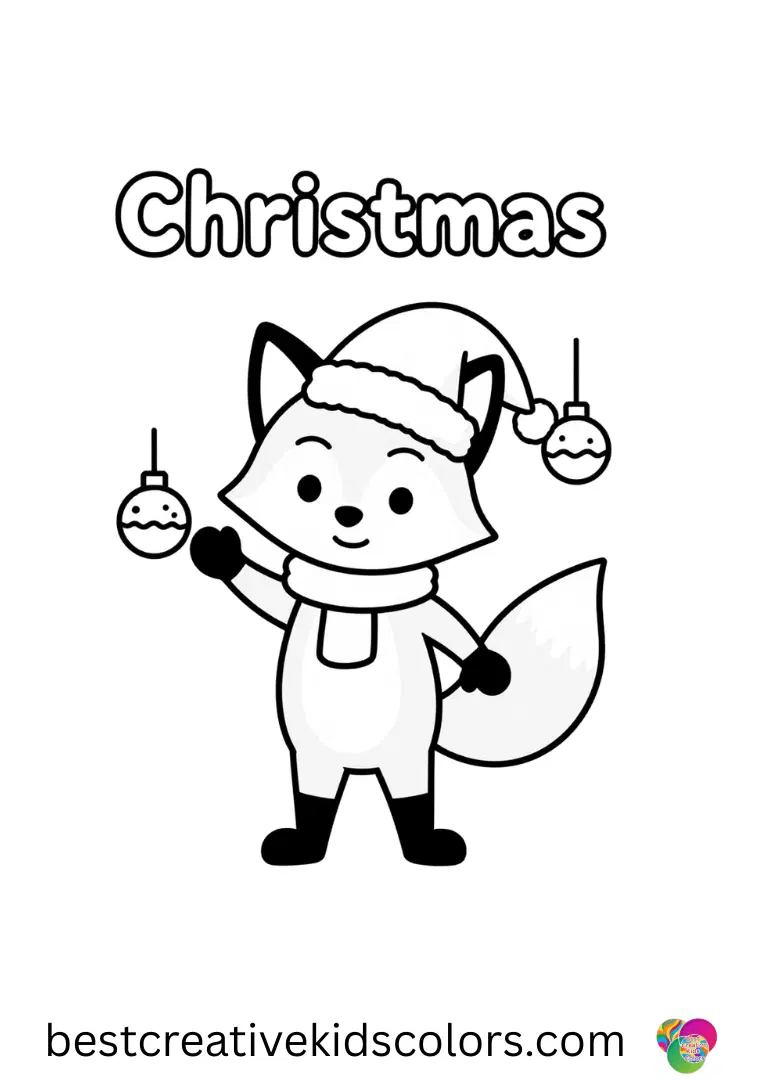 A fox wearing a Santa hat juggles colorful ornaments in Christmas fox with a santa hat coloring page easy.