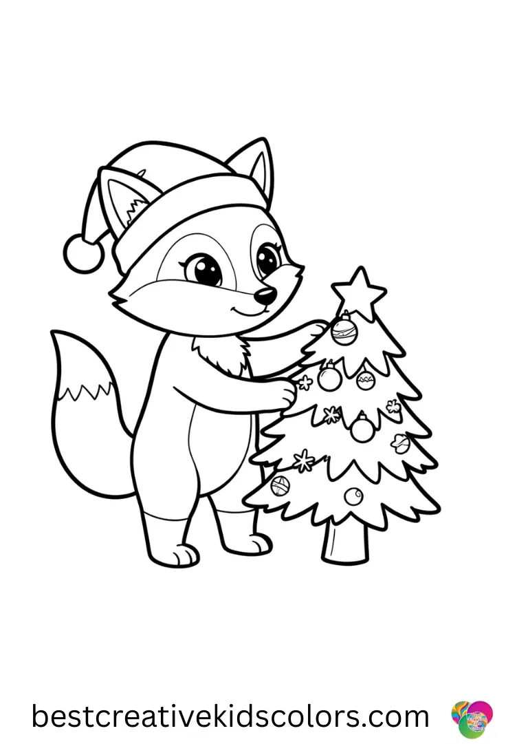 Christmas fox with a santa hat coloring page free features a fox decorating a tiny tree.
