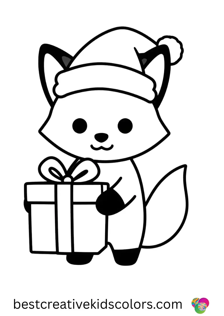 Christmas fox with a santa hat coloring page pdf shows a fox holding a wrapped gift in its paws.