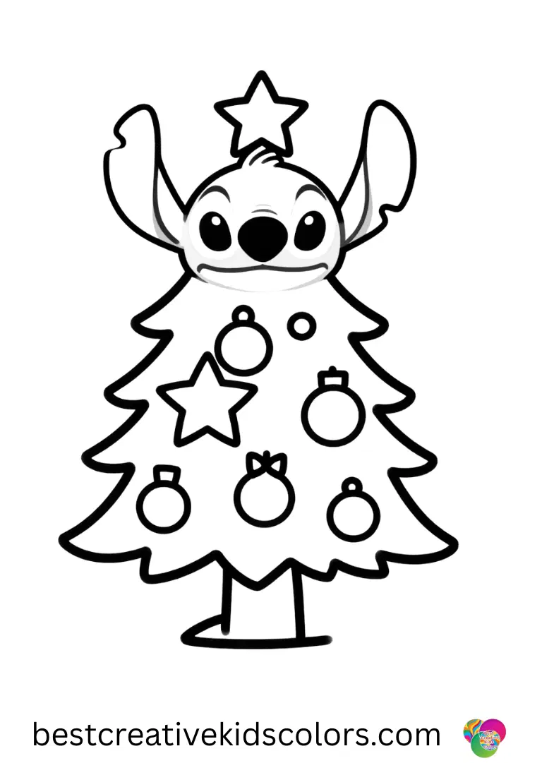 Stitch paints colorful ornaments for a festive tree in Christmas stitch coloring page easy.