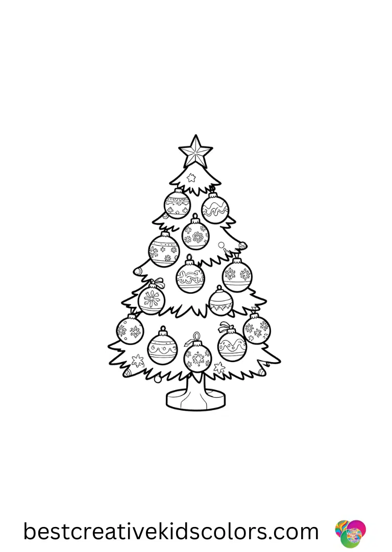 Stitch decorates intricate ornaments on a mini Christmas tree in Christmas stitch coloring page for adults.