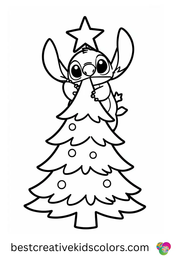 Stitch hangs a sparkling star on top of a tree in Christmas stitch coloring page pdf free download.