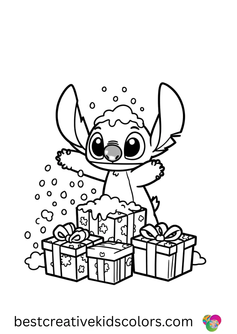 Stitch sprinkles fake snow on gifts in Christmas stitch coloring page pdf free.