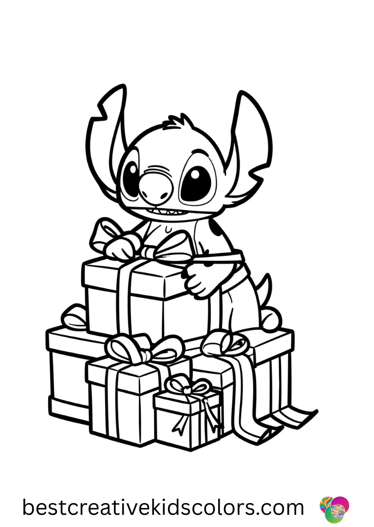 Stitch wraps bright ribbons around presents in Christmas stitch coloring page pdf.