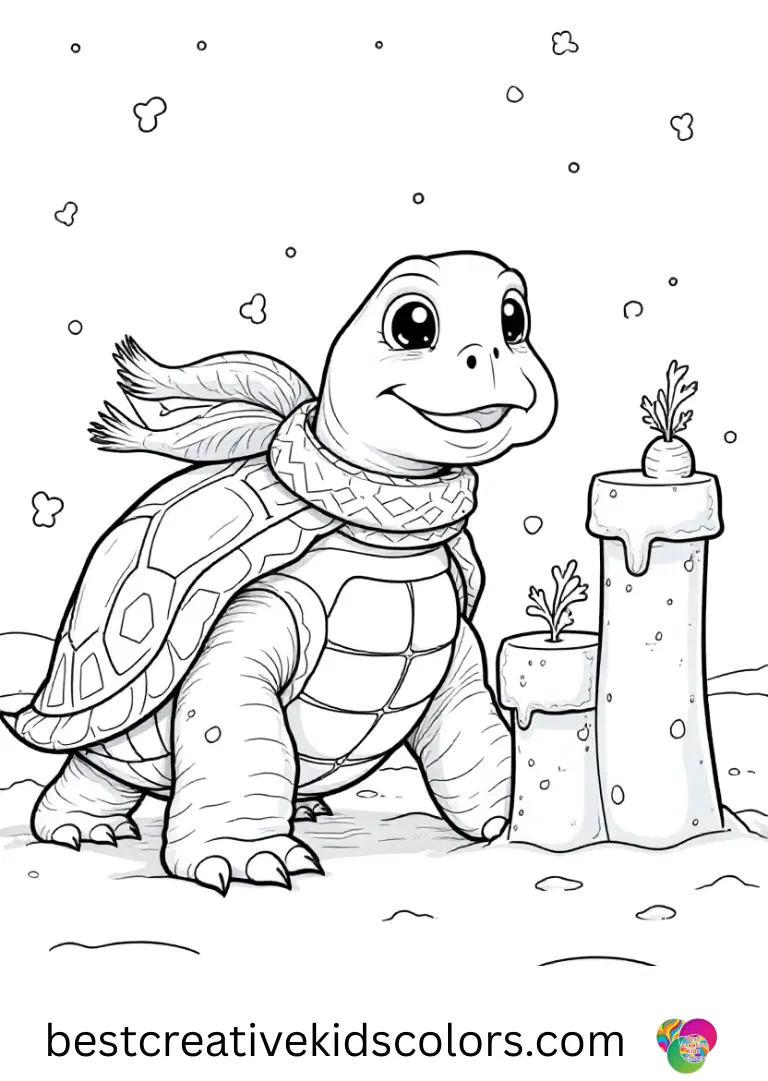 Christmas turtle in a snowy wonderland coloring pages easy shows a turtle building a tiny snow fort with carrot towers.