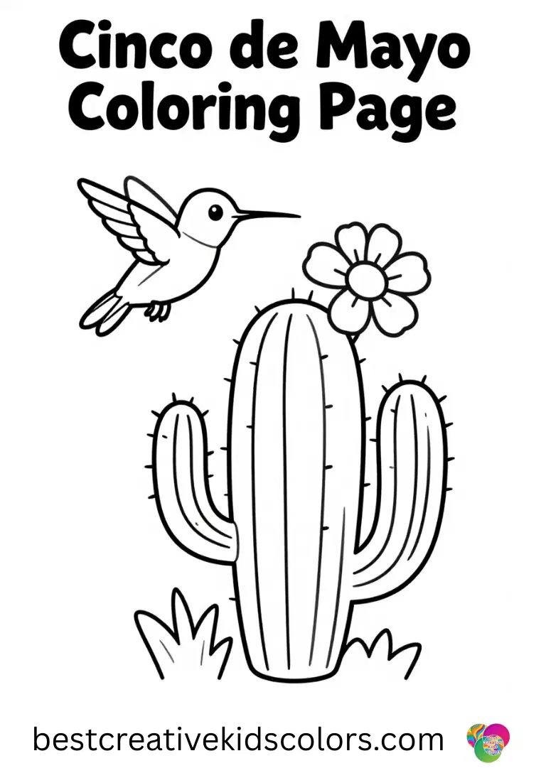 A hummingbird zips quickly from bloom to bloom in Cinco de Mayo Coloring Page above a tall cactus.