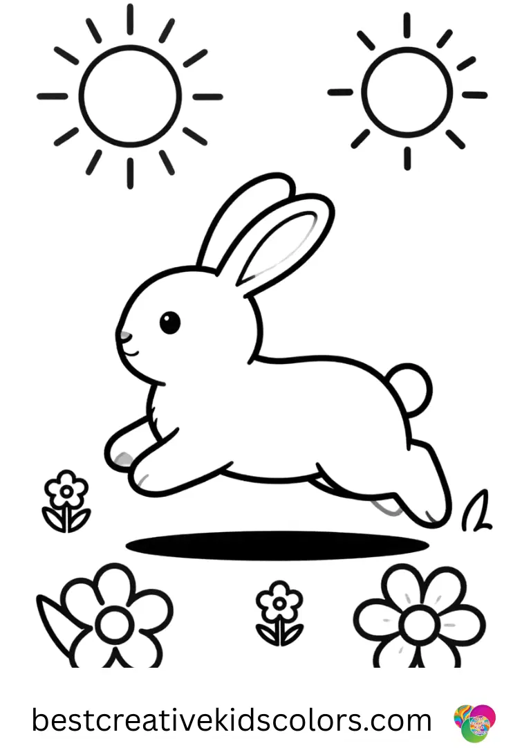 Cinco de mayo coloring page animals shows a rabbit hopping through a field of flowers in the sun.