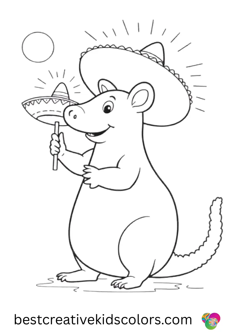 Cinco de mayo coloring page easy shows an armadillo twirling a tiny sombrero under a bright sunny sky.