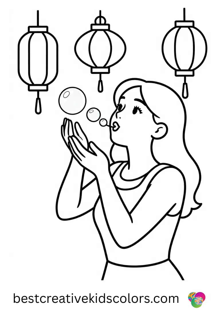 Cinco de mayo coloring page for adults captures a woman blowing soap bubbles beside hanging lanterns.