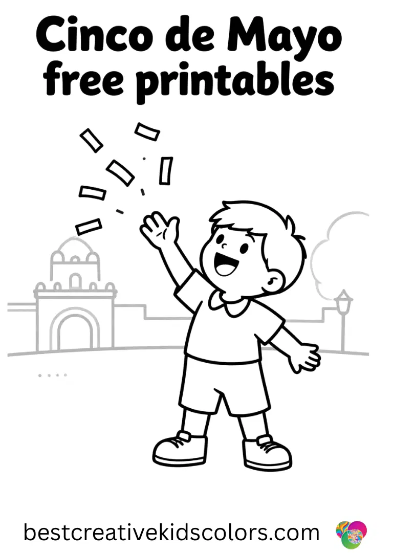 Cinco de mayo free printables features a child tossing colorful confetti into the air on a plaza.