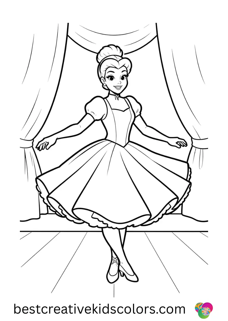 Cinderella coloring page Cinderella coloring page shows her practicing graceful spins on the ballroom stage.