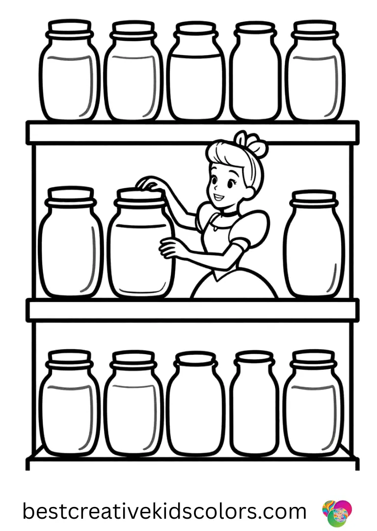 Cinderella coloring page shows her labeling glass jars in a tidy pantry room.