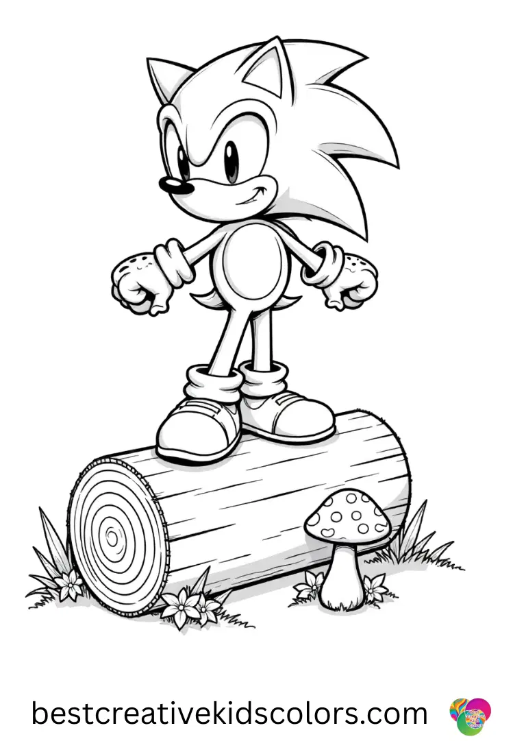 Classic Sonic colouring pages shows Classic Sonic balancing on a log with tiny mushrooms nearby.
