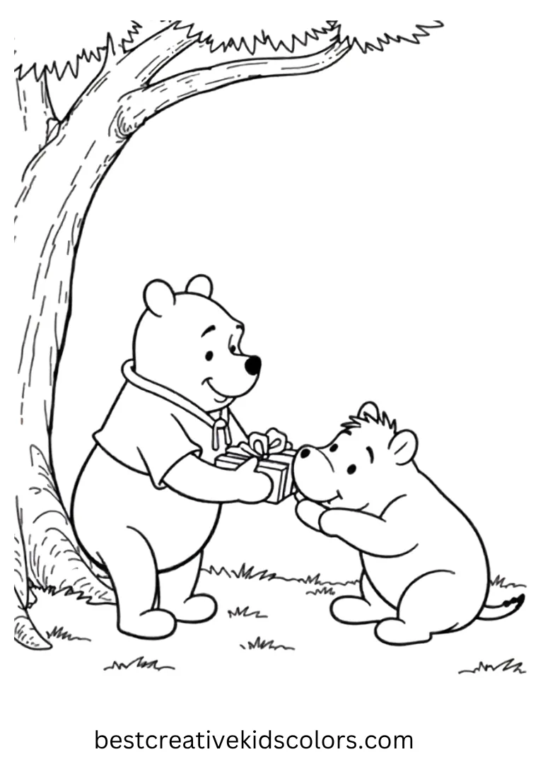 Classic Winnie the Pooh Coloring Pages – Pooh and Eeyore Exchanging Gifts Pooh and Eeyore smile as they exchange small presents under the pine tree.