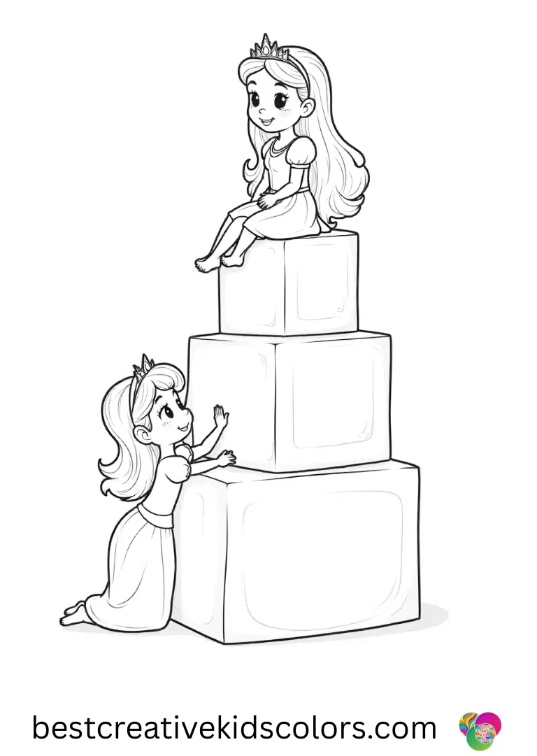 Coloring Pages for Teenage Girl easy shows princesses stacking small soft cubes carefully.
