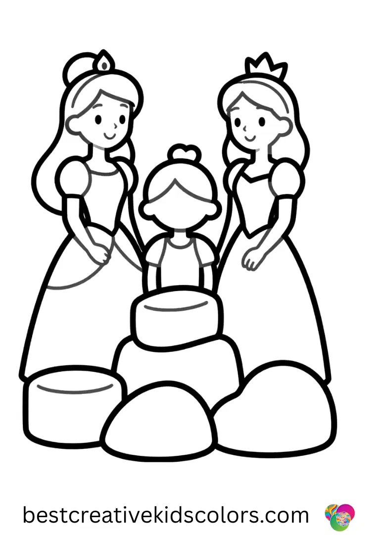 Coloring for girls and women shows princesses sorting soft foam shapes by color.
