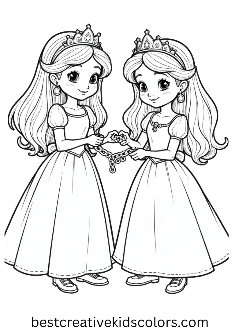 Coloring for kids depicts princesses creating simple paper chains for decorations.