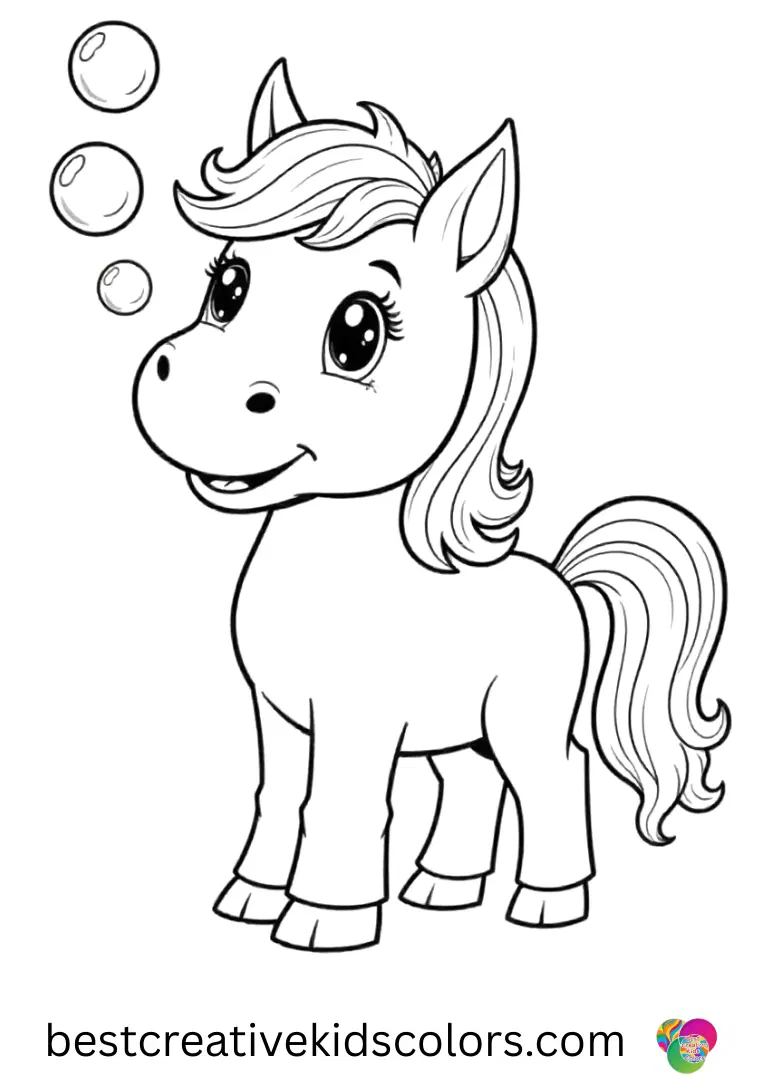 Coloring my little pony for kids shows a pony popping safe soap bubbles in open space.