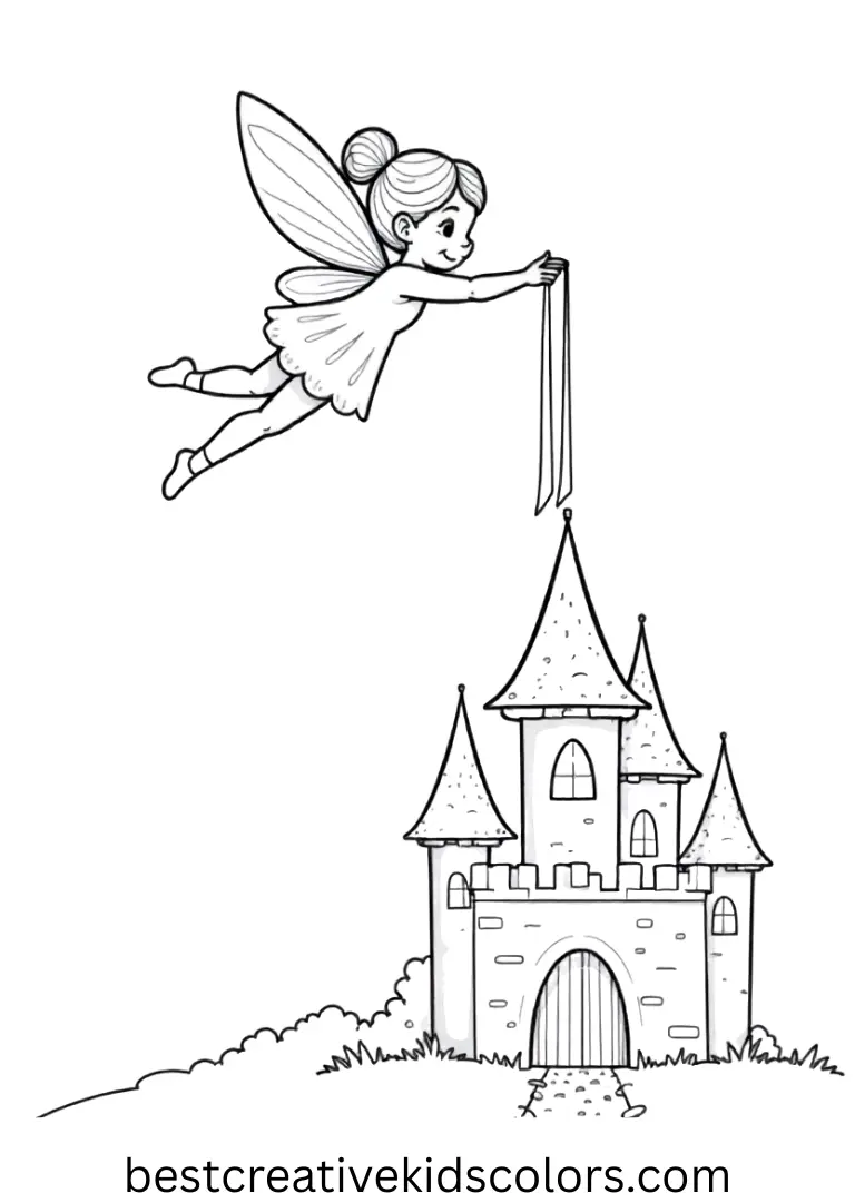 Coloring page Princess shows a fairy lifting tiny golden ribbons over a miniature castle.